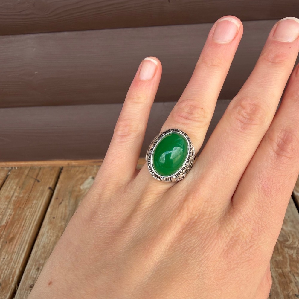 Green Cabochon Statement Ring Womens Size 5.5/6 Silver Tone Ornate Filigree